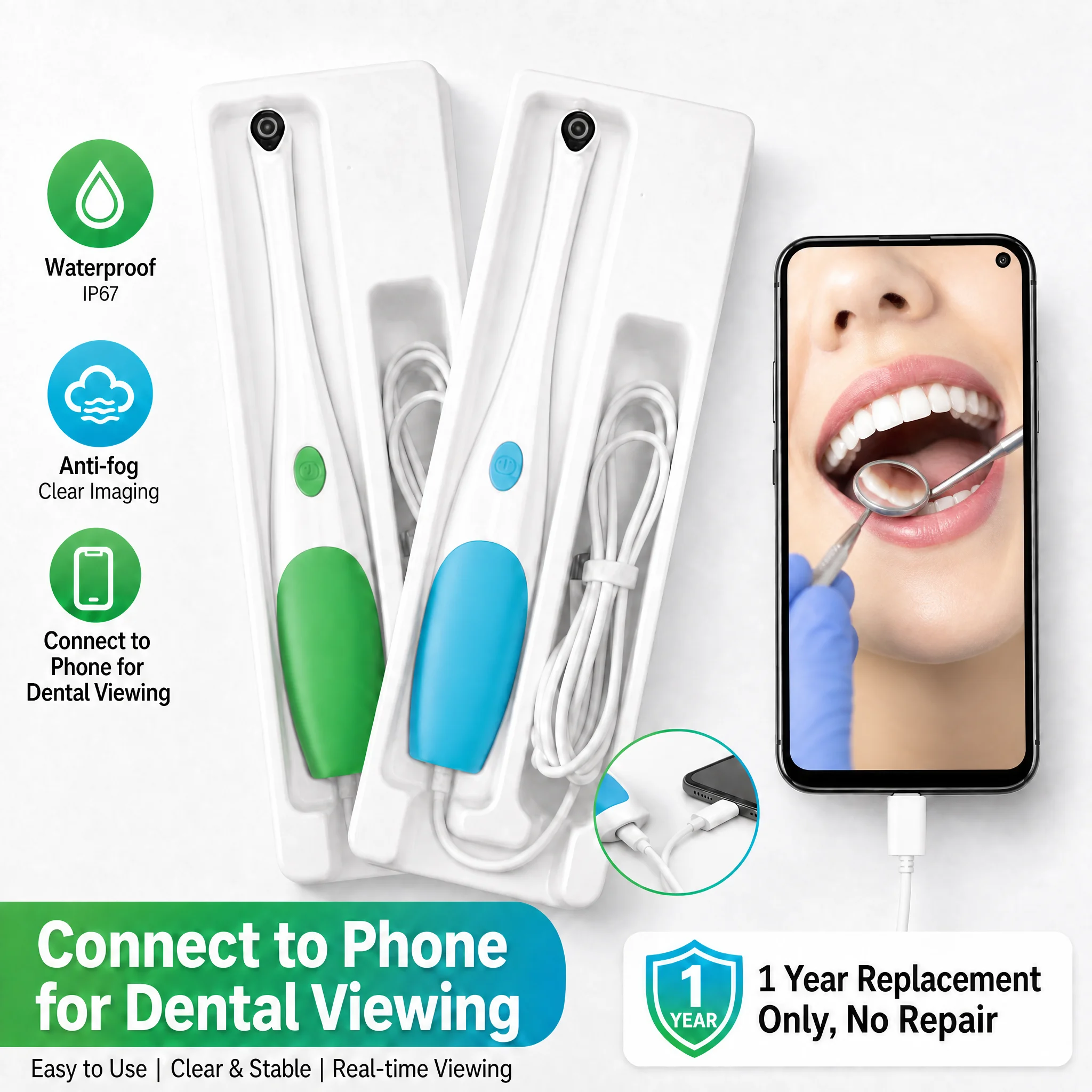 1440PHD Dental Inspection Camera for Android Phone, 3/2-1 Waterproof Oral Endoscope with LED Light for Teeth & Skin Examination