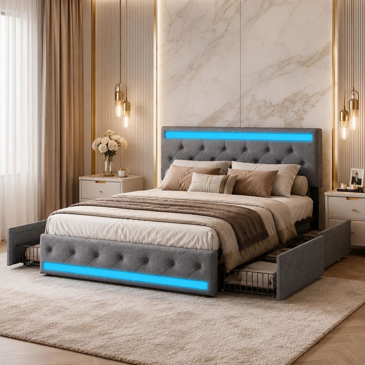Gepolstertes Doppelbettgestell, dunkelgrauer gesteppter Bettrahmen mit Stauraum, LED-Beleuchtung und USB-Ladefunktion, Leinenstoff, mit 4 Aufbewahrungsschubladen, geeignet für kleine Schlafzimmer und