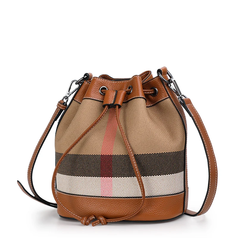 New Women\'s Trendy High end Bucket Bag 2024 Canvas with Cowhide Plaid Luxury One Shoulder Crossbody Bag