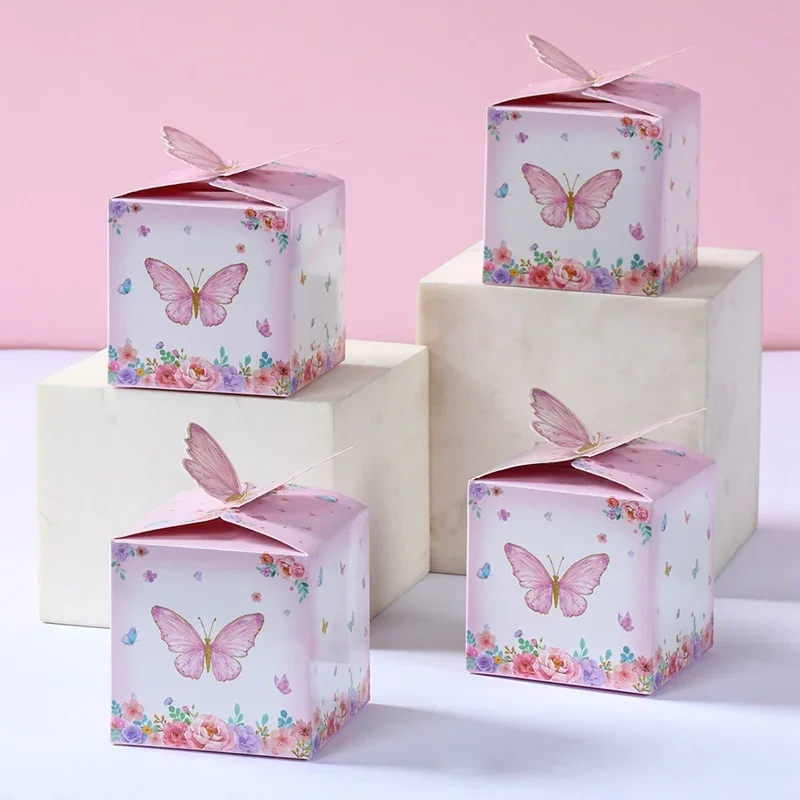 Boîtes à bonbons papillon rose, sacs d'emballage cadeau, décoration de fête d'anniversaire pour fille, boîte-cadeau de douche de bébé, boîte d'emballage de fournitures d'anniversaire