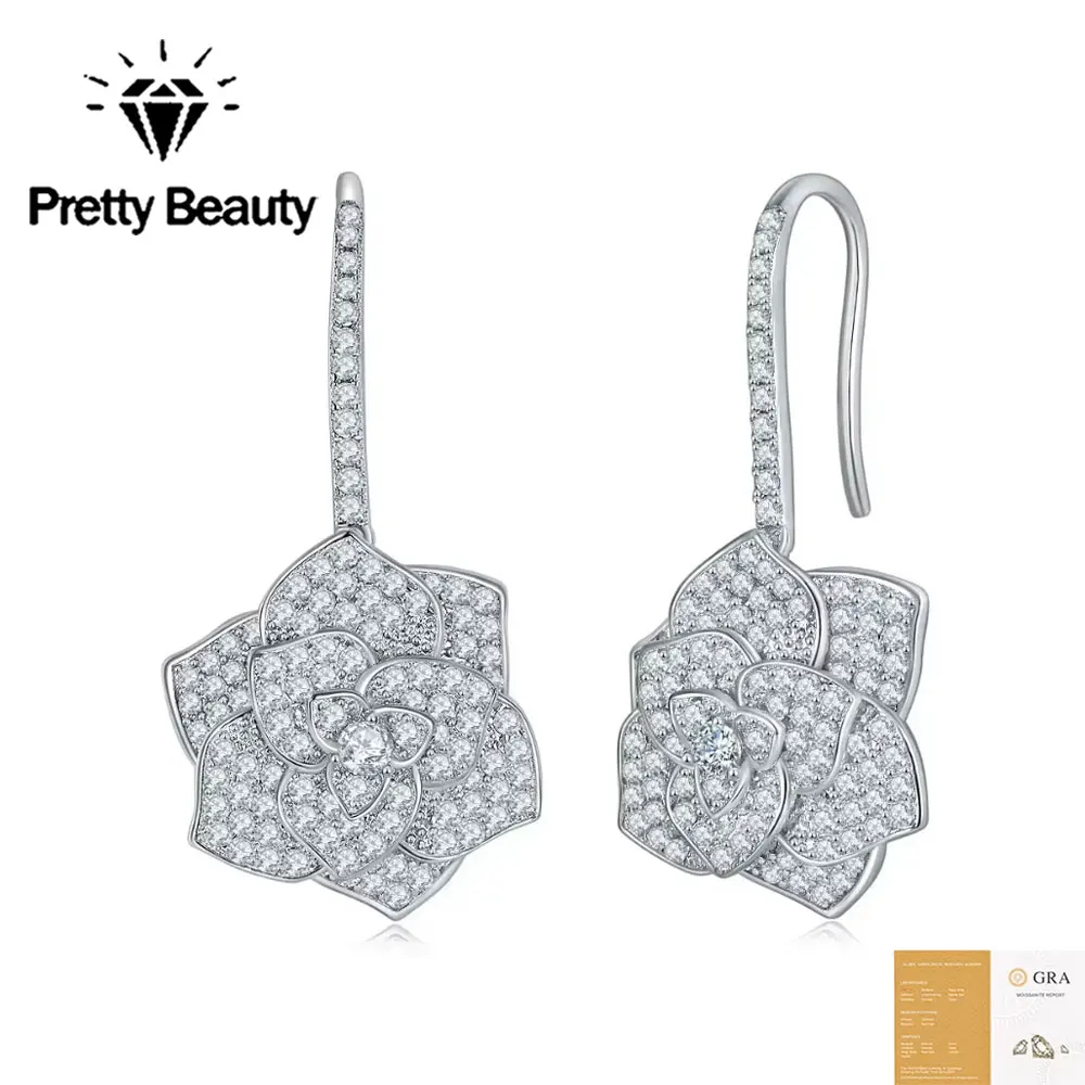 Pretty Beauty 925 Silver Moissanite Rose Flower Dangle Hook Earrings for Women Diamond Floral Pendant Necklace Fine Jewelry Set