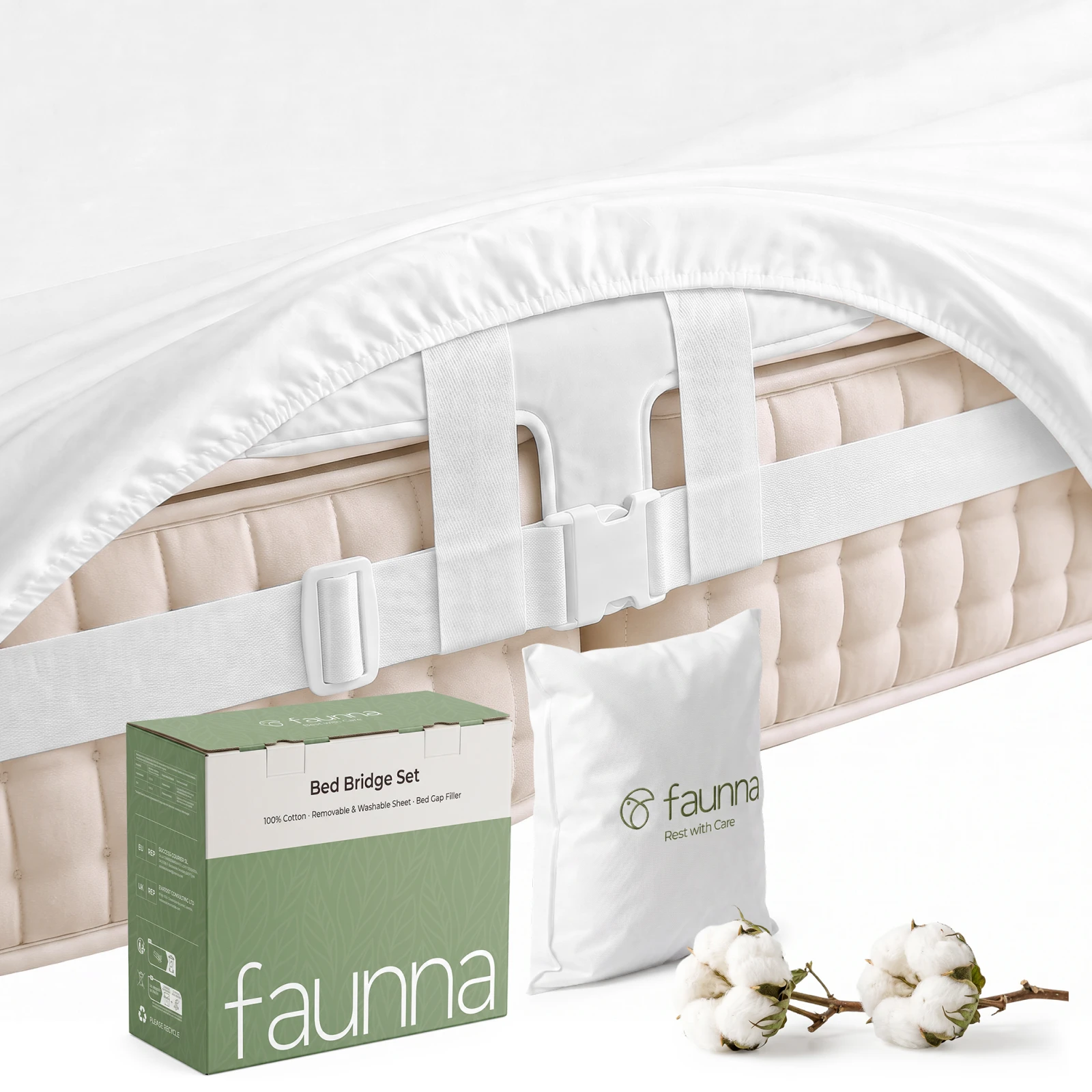 FAUNNA 3-in-1 King Bed Bridge Set, Mattress Gap Filler with 100% Cotton Fitted Sheet and Connector Strap, White