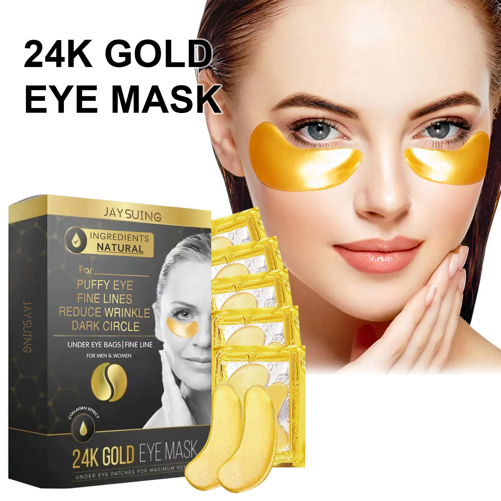 Mascarilla de ojos dorada de 24k, ingredientes, extracto Natural para ojos hinchados, líneas finas, Reduce las arrugas, círculo oscuro debajo de las bolsas de ojos para hombres y mujeres