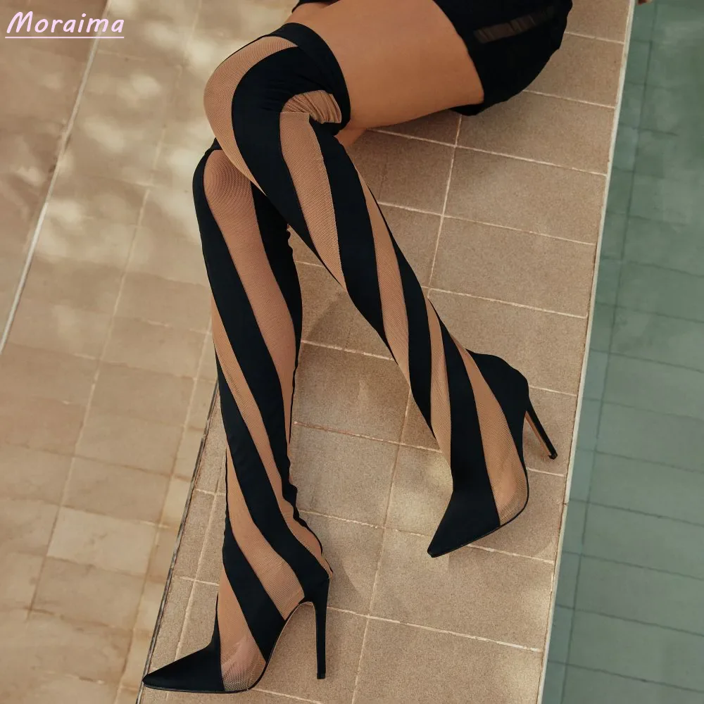 Mesh Wrapped Panel Thigh High Sock Boots Pointed Toe Stiletto High Heel Black Sexy Fashion Mixed Color Designer Women Shoes 2022