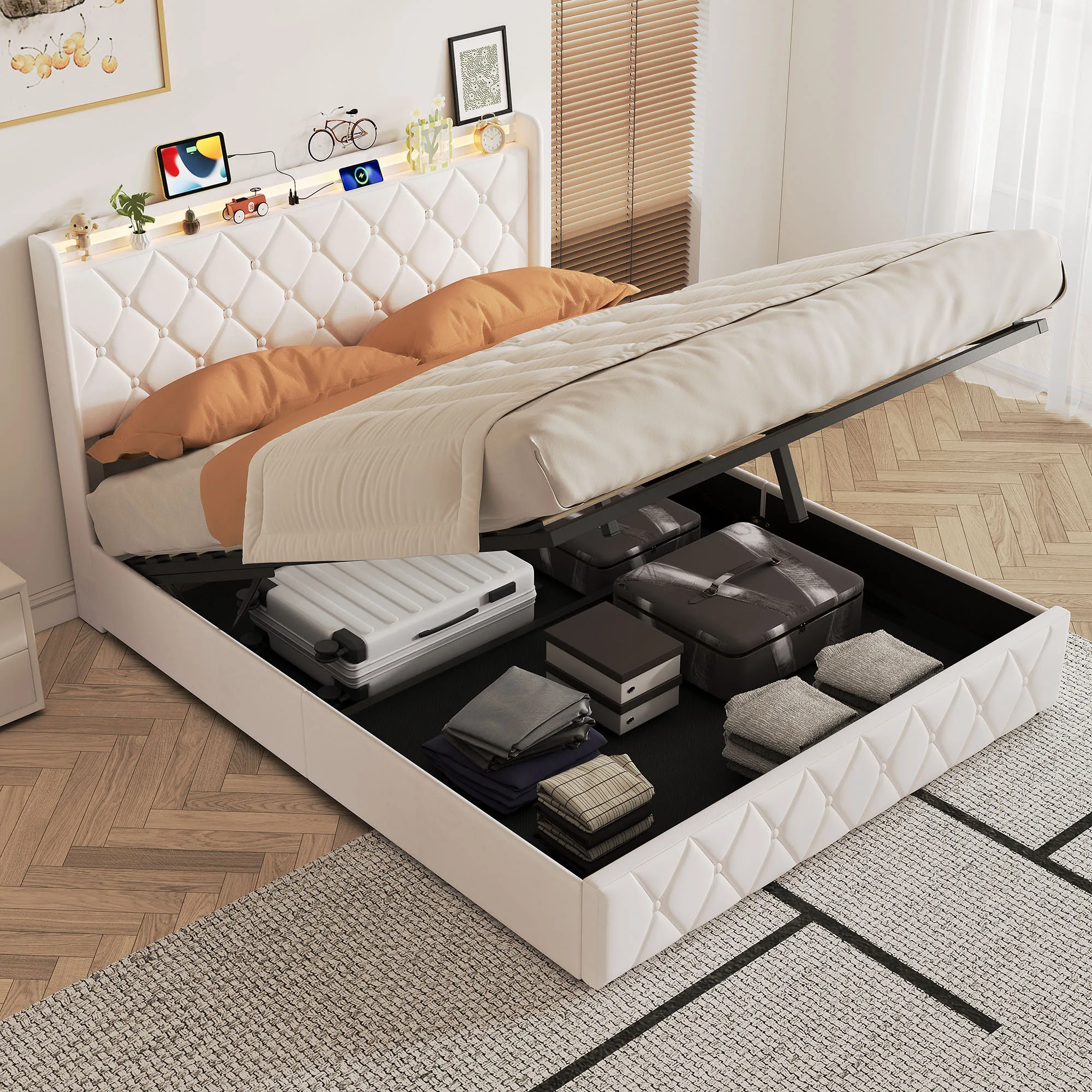 Anajqaqia, Letto Matrimoniale per Adulti 140 X 200 cm, Letto per Giovani, Letto Idraulico, Letto Imbottito, Letto con Contenitore, Letto per il Relax 