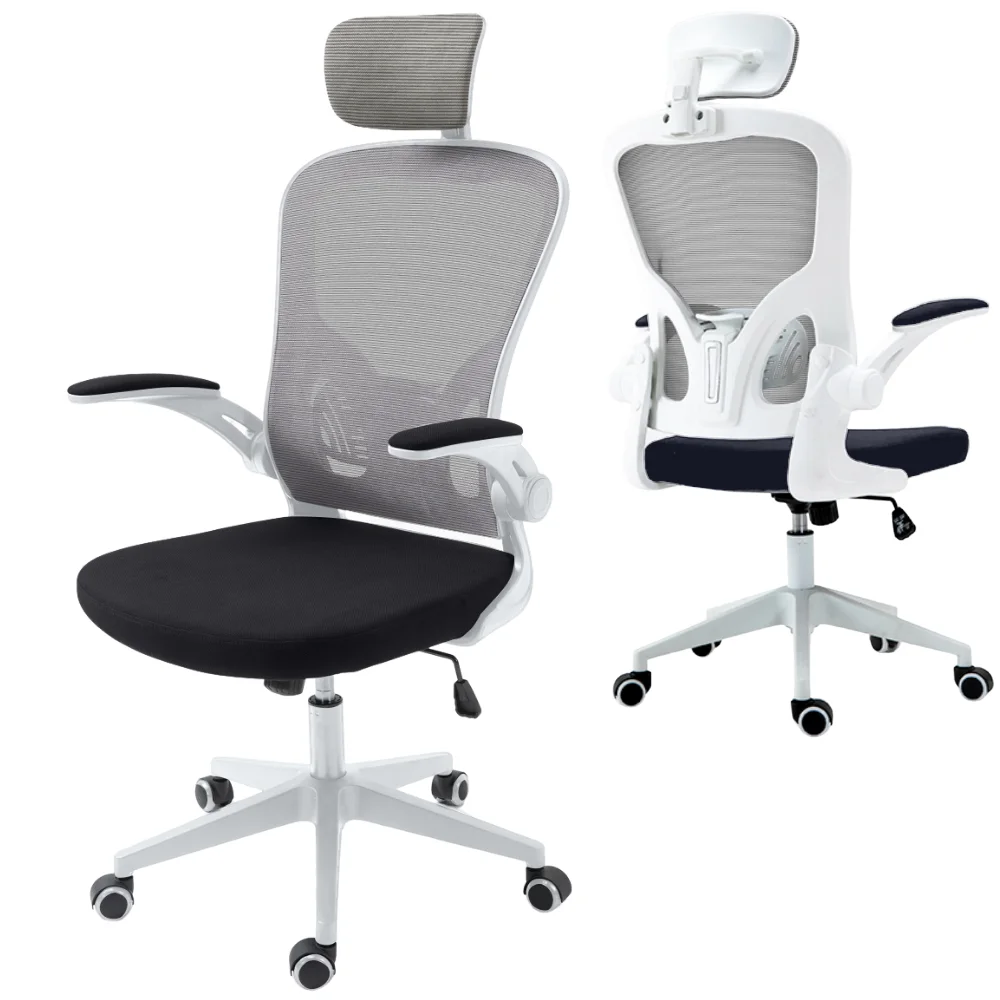 Chaise de bureau ergonomique pivotante avec accoudoirs pliables et appui-tête pivotant, soutien lombaire, tissu respirant