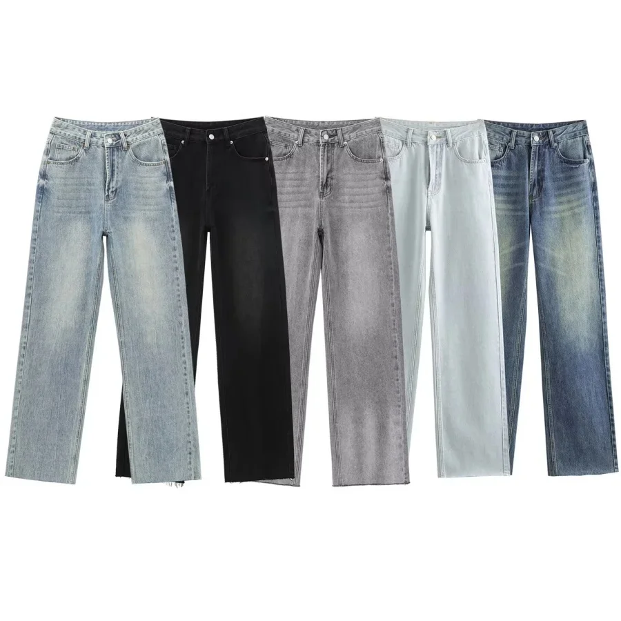 Damskie jeansy ETJ z szerokimi nogawkami i wysokim stanem, klasyczne, uniwersalne, z pięcioma kieszeniami, prane, miękkie, wygodne, bardzo długie jeansy 6045022 — zdjęcie 2