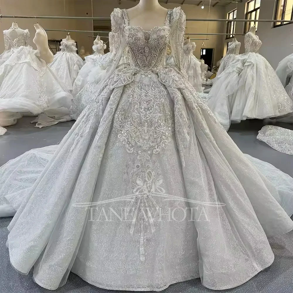 Brautkleid Hochzeit 長袖恋人光沢のあるグリッターのウェディングドレスビーズクリスタルボールガウンレースロングブライダルドレス