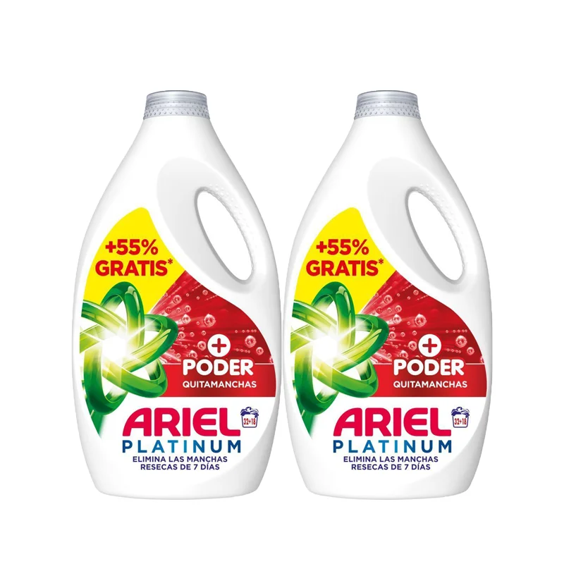 Ariel Detergente Lavadora Liquido, 32+18= 50 Lavados o (32+18)x2= 100 Lavados , Jabon Extra Poder Quitamanchas, Limpieza Profunda
