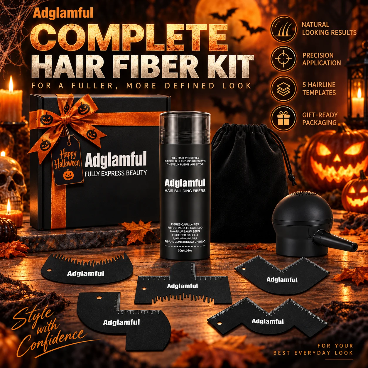 Adglamful Hair Building Fibers Kit 30g with Precision Applicator, 5 Hairline Templates, Storage Bag & Halloween Gift Box