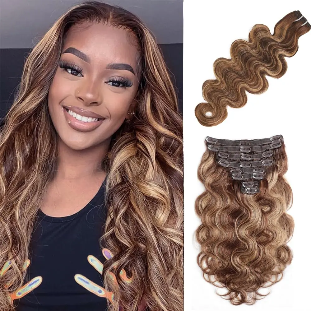 P4/27 Highlight Body Wave Clip In Human Hair Extensions 8-24 Inch 100% Remy Human Hair Clip In 8Pcs/Set Full Head For Women