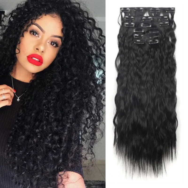 Clip In Synthetic Hair Extensions For Women Black Thick Double Weft Wavy Soft Hair & Blends Well Long Hairpieces 20 Inch 6 Pcs