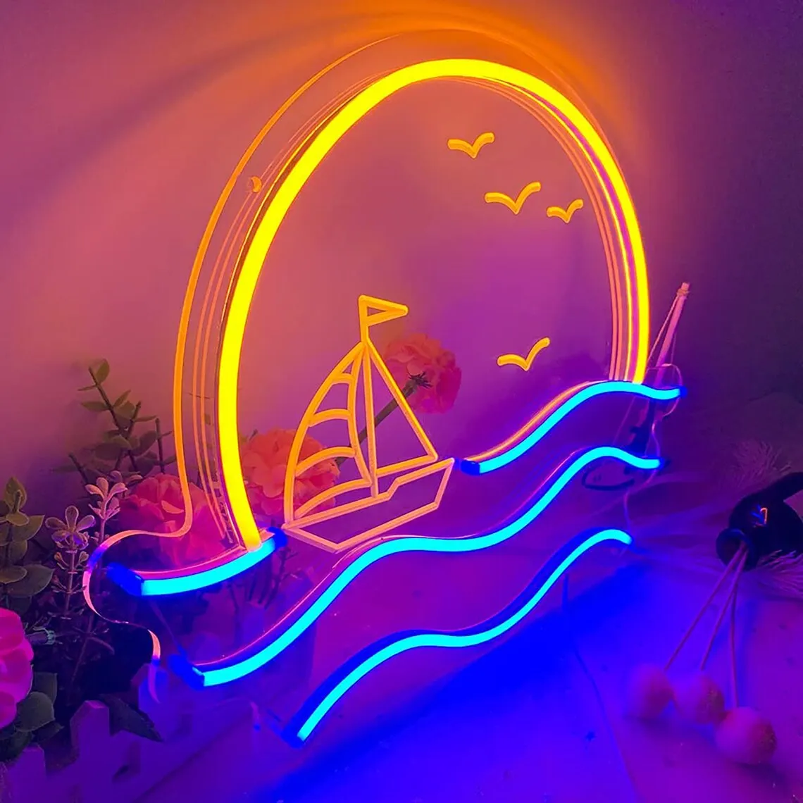 Sunset&Sea Neon Sign, Seaside Scene LED Neon Signs, Handmade Neon Light Sign Artwork Create Vibes for Home, Bedroom, Living Room