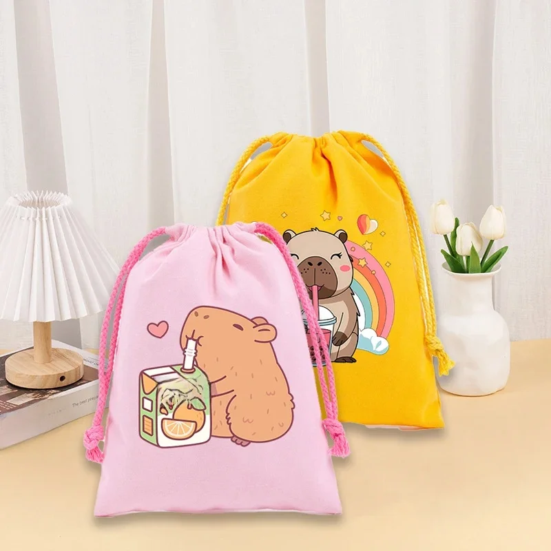 Capybara sacs à cordon dessin animé figurines imprimées maquillage bonbons sac de rangement Kawaii coton garçons filles paquet poches sac cadeau