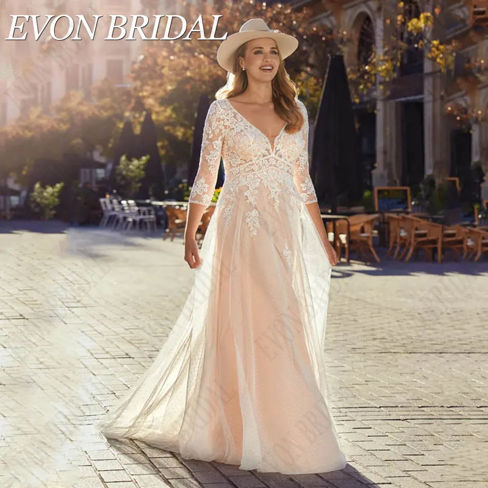 EVON BRIDAL-Robe de Mariée en Tulle et Dentelle pour Femme, Col en V, Dos aux, Manches 3/4, Ligne A, Appliques, Grande Taille, ÉducatifEvon Bridal V - neck plus taille robe de mariée pour les femmes à dos découvert man