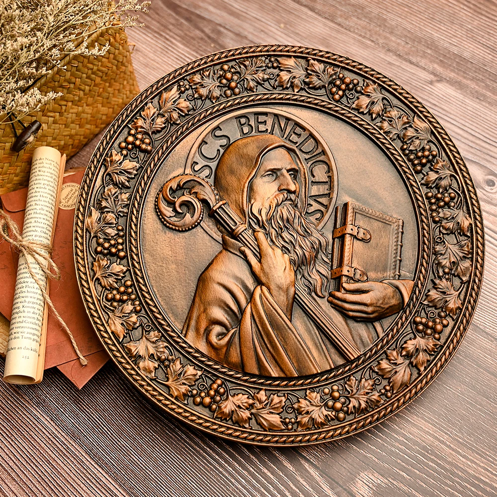 Retro Saint Benedict statue, Catholic icon, religious figure, church decoration, home room, desktop ornament