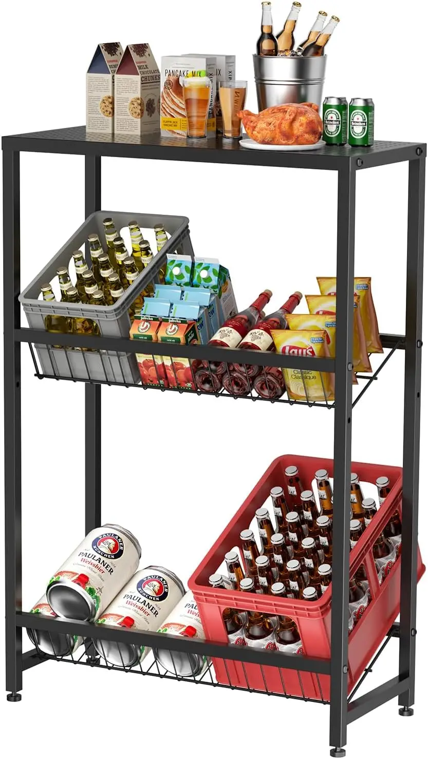 Estante metálico de 4 niveles para botellas, 33 D x 75 W x 113 H cm, con patas ajustables y cesta de malla, estantería de almacenamiento que ahorra espacio para sótano y despensa, negro