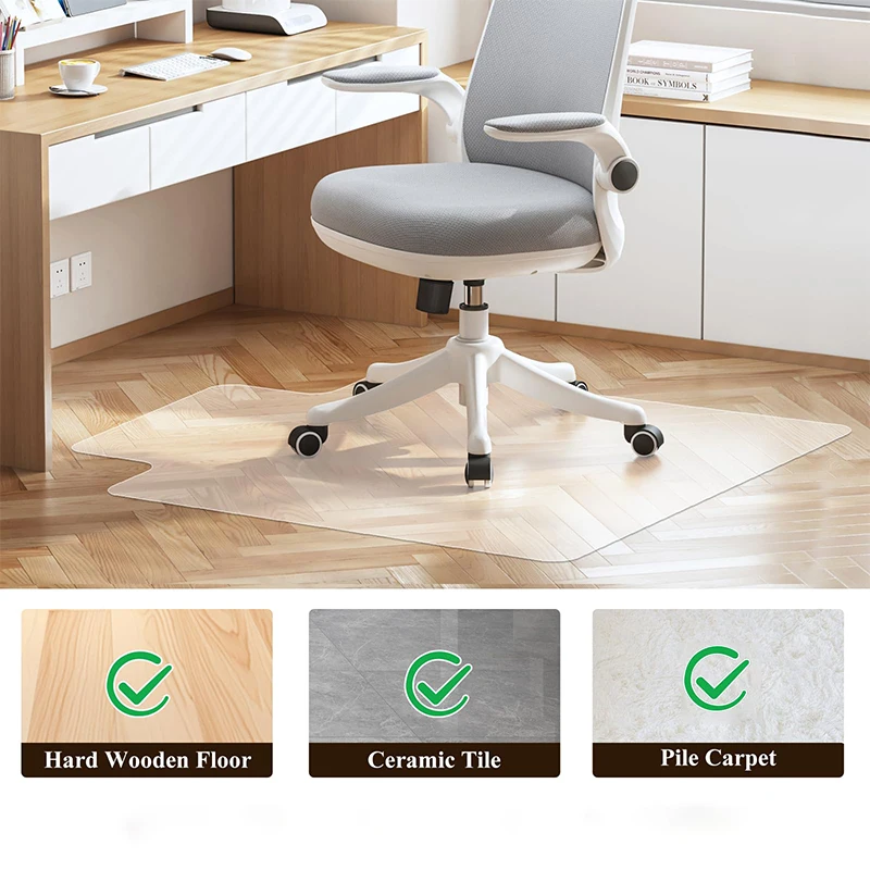 

1 clear office chair cushion with extended edges, easy to slide and protects the floor, suitable for use in offices and homes.