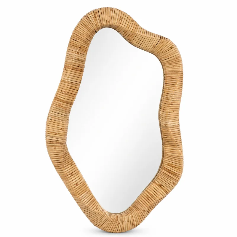 Natural Rattan Irregular Wall Mirror Handmade Wavy Frame Boho Decorative Hanging Mirror for Bedroom Entryway Living Room 65x34cm