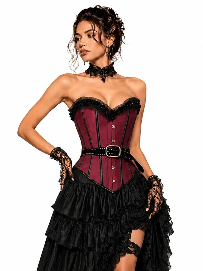 Cloudy.ee Red Faux Suede Fabric CORSET TOP with Belt Steam Punk Cowboy Style Fashionable Versatile Bodycon Top
