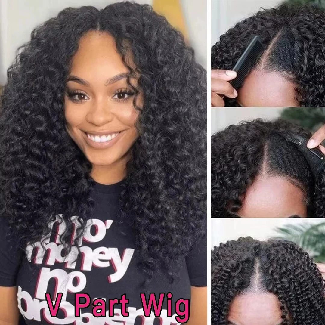 200 Density Loose Curly V Part Wig Human Hair Wig Deep Afro Curly V Part Wig 30 40 Inch Remy Hair V Part Wigs for Women on Sale image 2