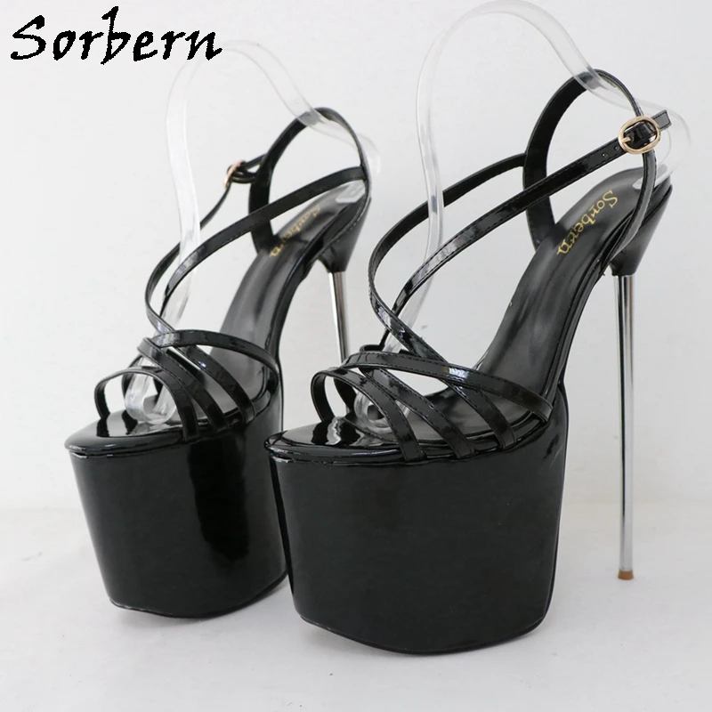 Sorbern 22Cm Silver Metal High Heel Sandals Slingback Stilettos Super High Multi Strap Drag Queen Shoes Summer Style Fetish Shoe