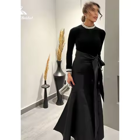 Boho Black Evening Satin Dress High Neck Long Sleeves Belt Bow Sheath Elegant Prom Dress Women Formal Party Gown Customized