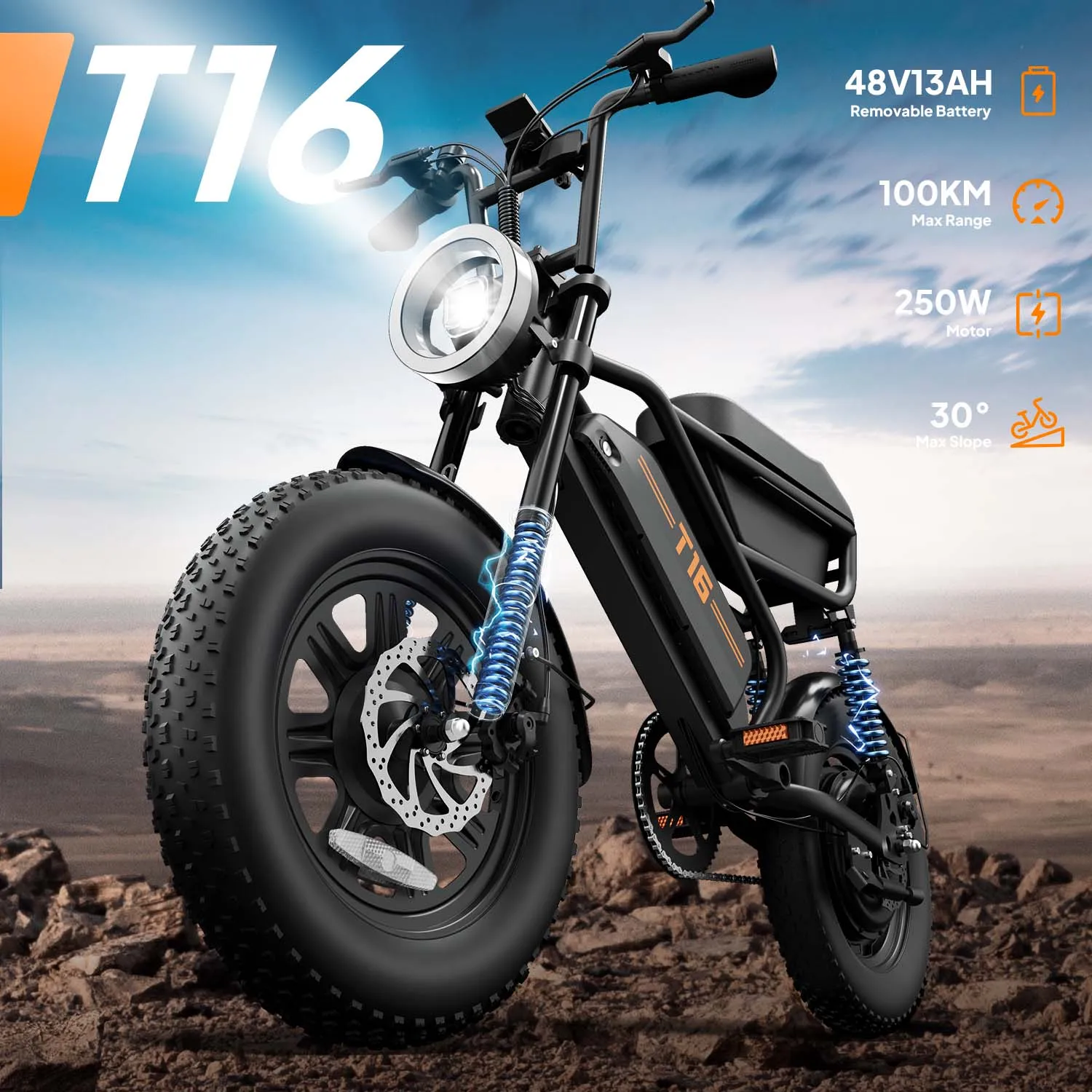 Image of Urlife Elektro-Mountainbike mit 48V 13Ah Abnehmbarem Akku 250W Geschwindigkeit 25KMH 16*3 Zoll Fette Reifen Pendler-E-Bike