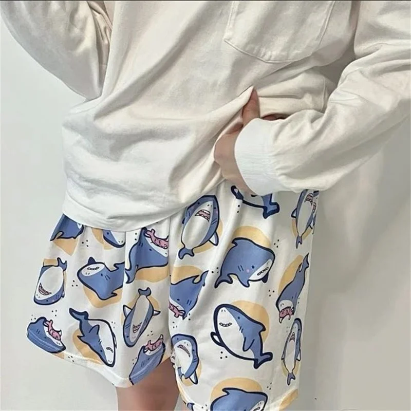 Sleeping Pants Men Cartoon Cute Shark Animal Pattern Loose Lightweight Breathable Elasticated Waistband Pajama Shorts Women