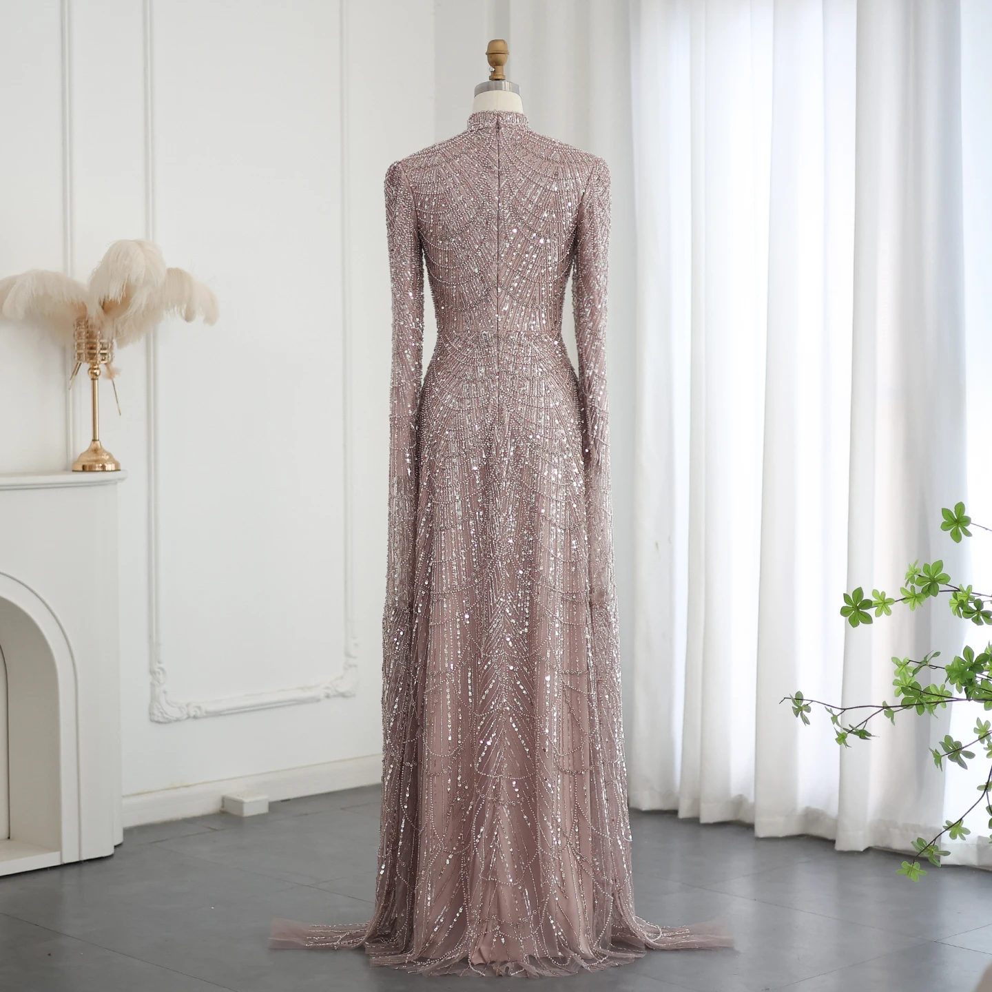 Sharon Said Luxuriöse Dubai Salbeigrüne Muslimische Abendkleider mit Cape-Ärmeln und Hohem Kragen für Arabische Hochzeitsfeier SS630 Maßanfertigung – Detail 25