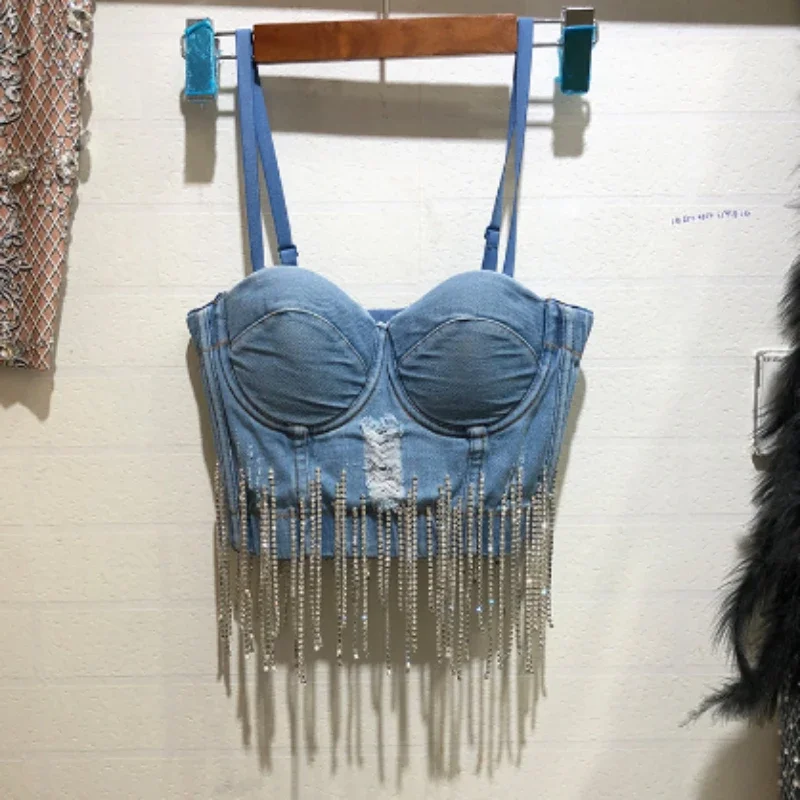 Moda z diamencikami i frędzlem biustonosz bez ramiączek kamizelka dżinsowa koszula kobiety Sexy klub nocny taniec kowboj Camisole Jeans krótki Top Ropa Mujer — zdjęcie 2