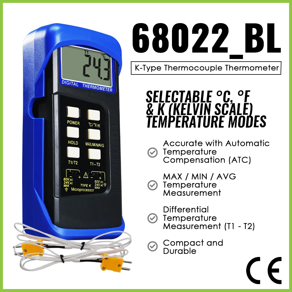 

High Resolution K-Type Thermocouple Thermometer with 2 K-type Probe and 2 Channels T1 T2 Handheld Temperature Sensor