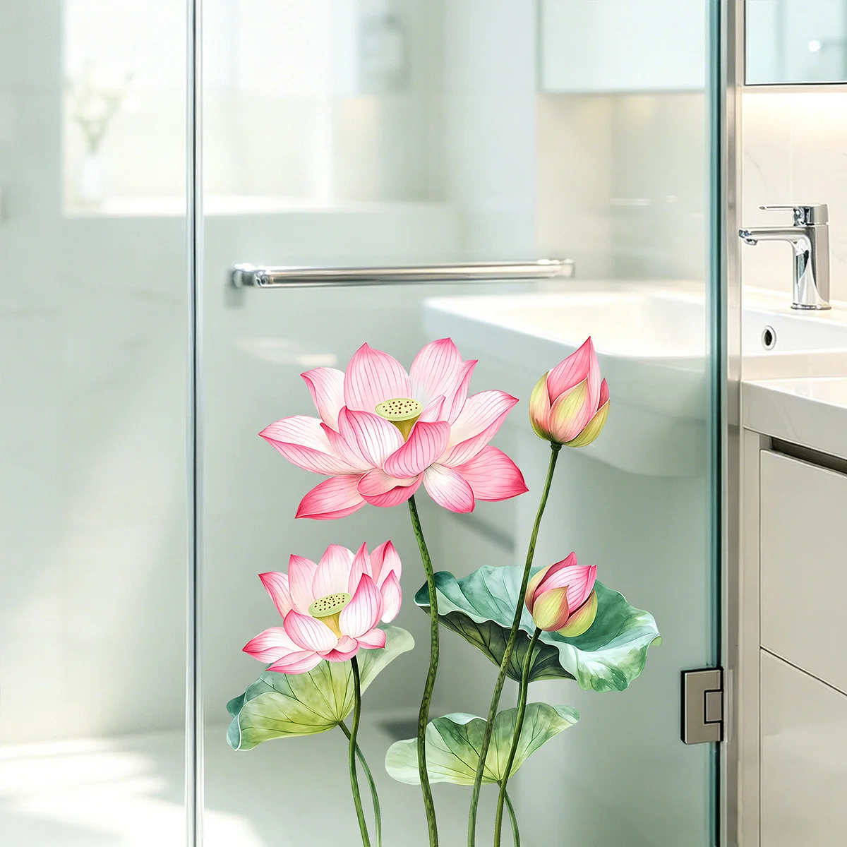 Detachable Lotus Wall Sticker, Waterproof PVC Glass Sticker, Bathroom, Window, Sliding Living Room Door Home Decoration view 4