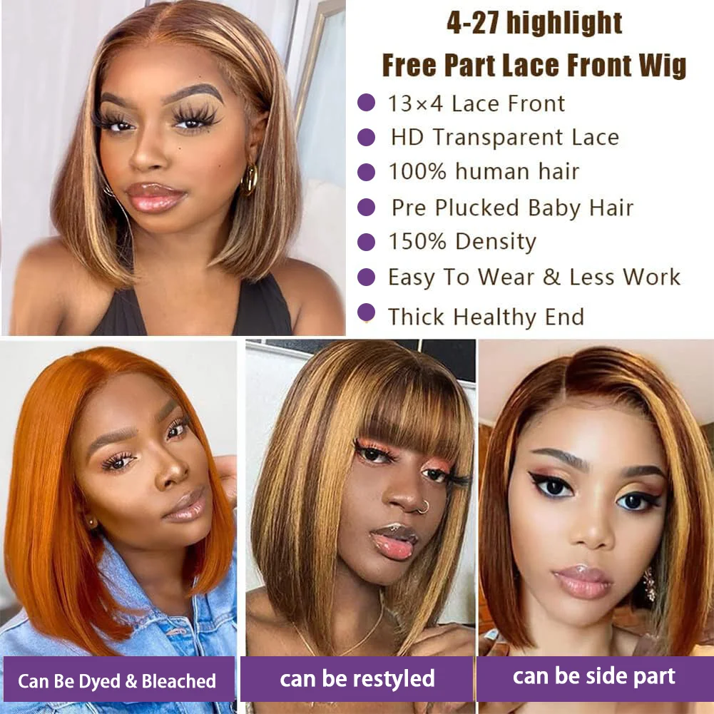 13x4 Frontal Lace Bob Wigs 4/27 Highlight Bob Lace Front Wigs Human Hair Ombre Color Short Straight Bob Wigs for Women