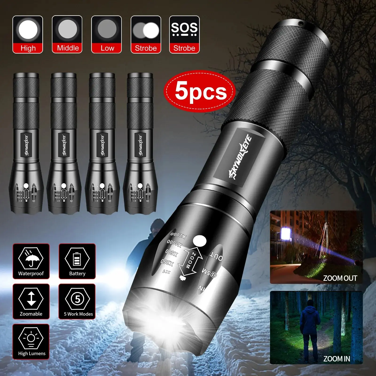 Skywolfeye 5 ชิ้น High Lumens ไฟฉาย LED ขนาดเล็กแบบพกพาทํางานไฟฉาย LED ซูมสําหรับตั้งแคมป์เดินป่าฉุกเฉินกลางแจ้ง