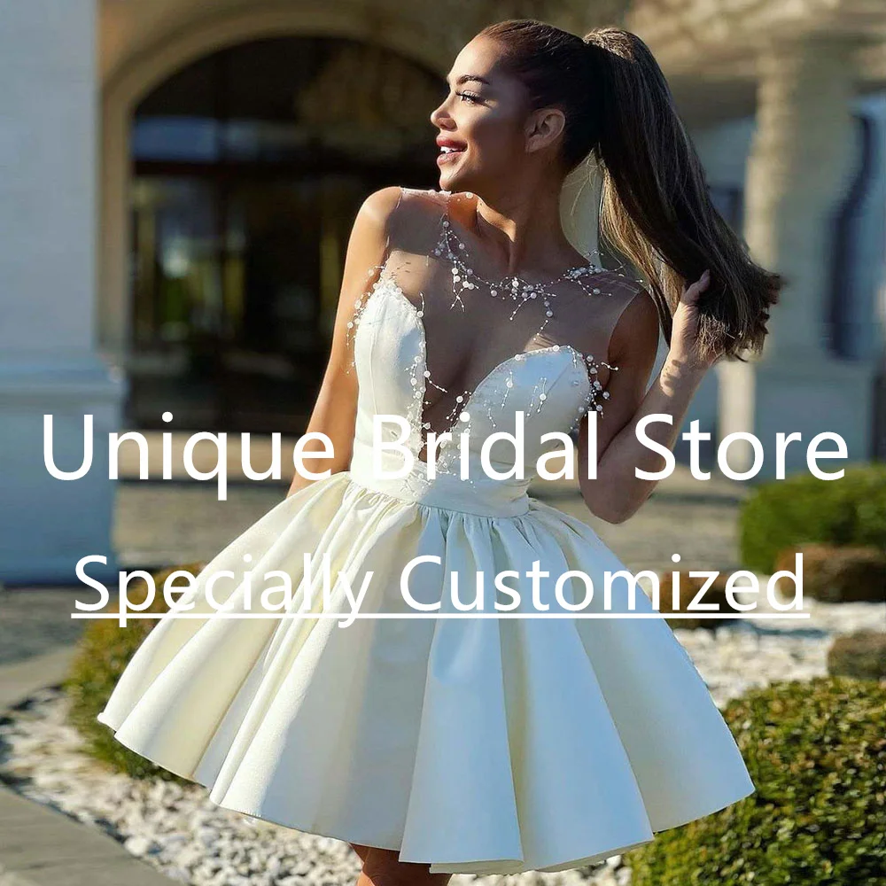 Customized Wedding Dress 2023 Custom Size Scalloped Satin Crew-Neck A-Line Zipper Back Soft Tulle Sleeveless Mini Bridal Dresses