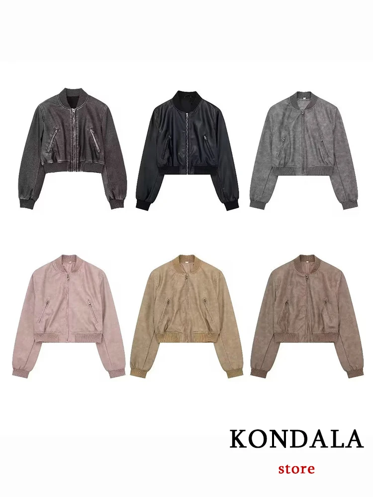 

KONDALA Chic Solid Grey Faux Leather Bomber Jacket Long Sleeve Fashion 2023 Autumn Zipper Streetwear Outwear Cool Casual Blazer