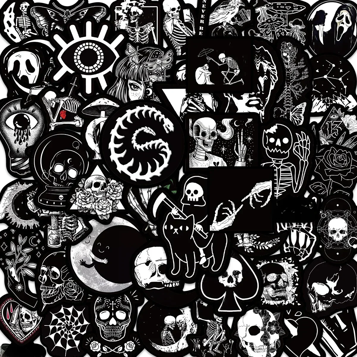 AliExpress 50Pcs Black White Gothic Graffiti Stickers Skull DIY Motorcycle Laptop Phone Helmet Car Stationery Bike Cool Decals Toys