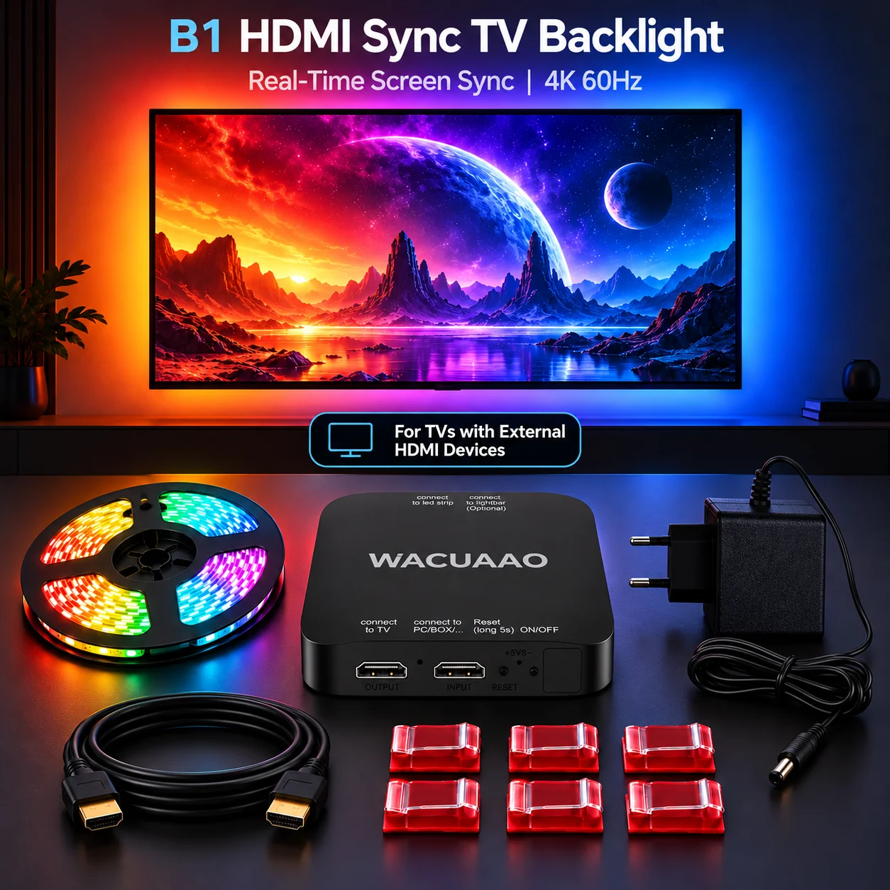HDMI 2.0 Sync Box TV Backlight LED Strip 4K 60Hz Real-Time Screen Sync Ambient Lighting for 40-100in TV External HDMI Required