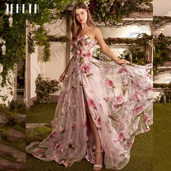 JEHETH Fairy Prom Dresses 2025 Pink Floral Print Split Strapless A Line Eleganckie suknie wieczorowe dla kobiet Spersonalizowana sukienka imprezowaJEHETH Fairy Bal Suknie 2025 Różowy nadruk kwiatowy Split Strapless Lin