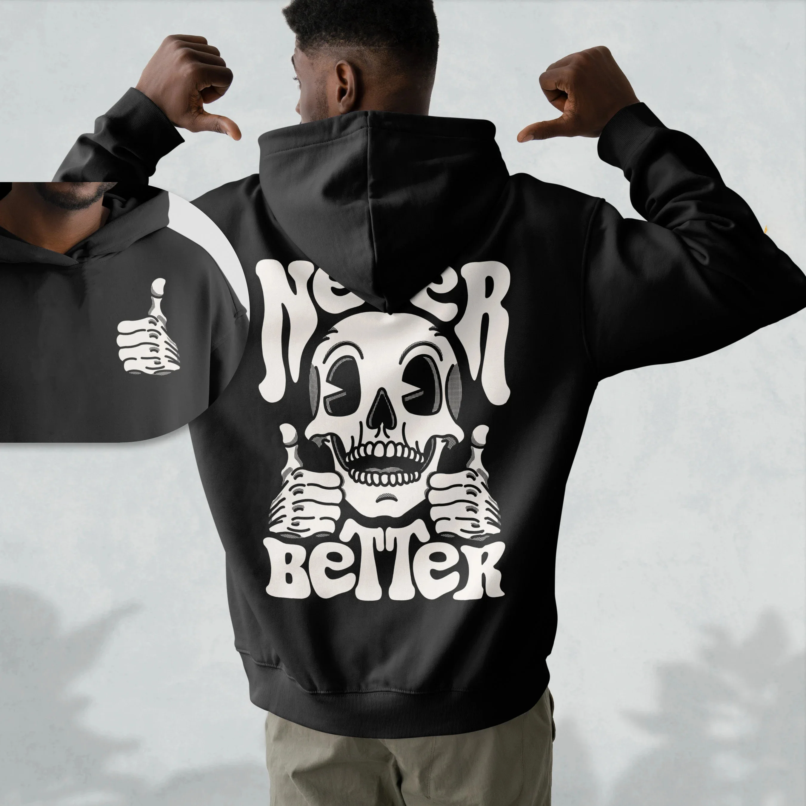 

Retro Skull Hooded Sweatshirt Never Better Skeleton Print Hoodie Casual Street Fall Winter Long Sleeve Oversize Hoodie Pullover