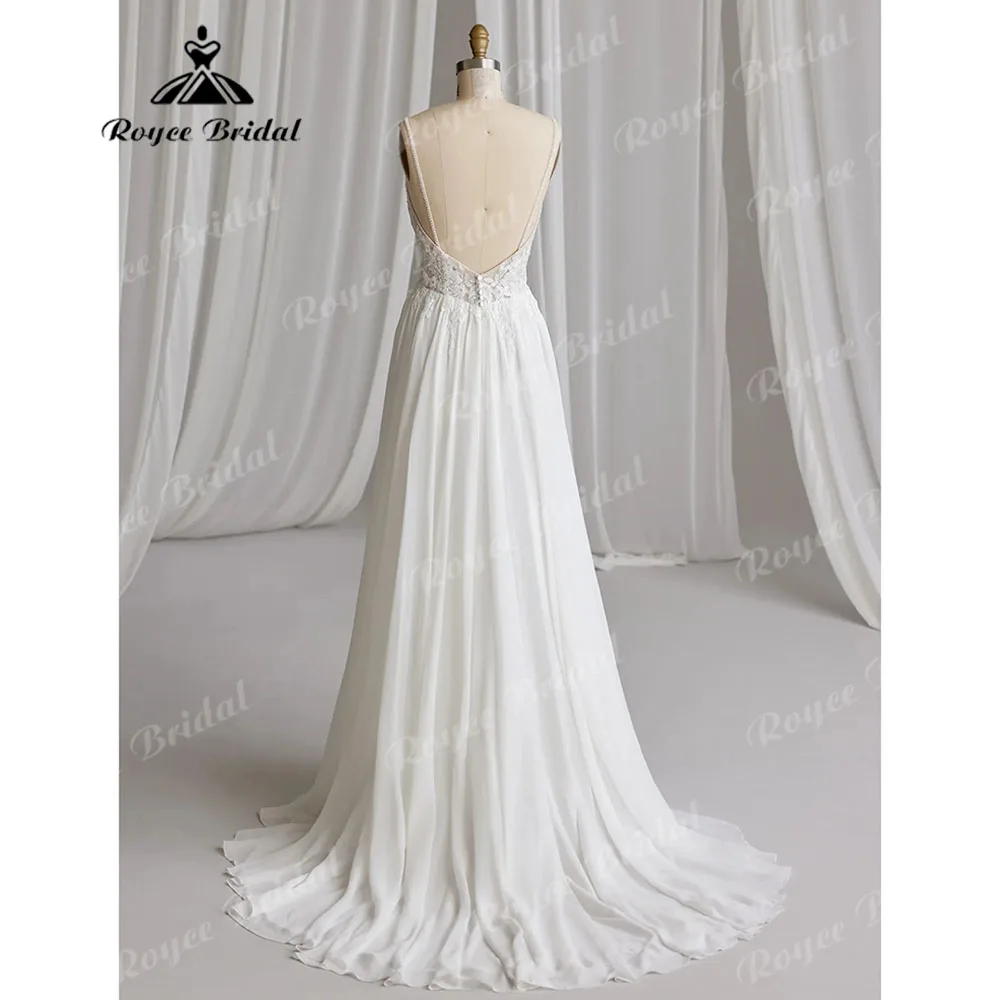 Modest Plunging Split Side Deep V Neck Lace Chiffon Elopement Wedding Dress for Bride 2024 Flowying Robe Wedding Gown Bohemian