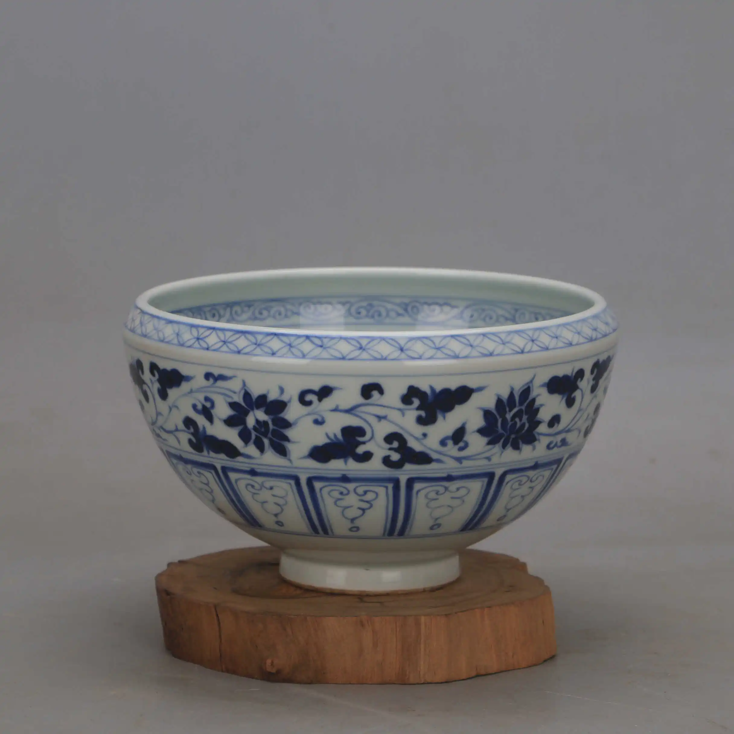 Lotus Scroll Bowl Ming Dynasty Style Blue White Hand Painted Interior Dragon Pattern Porcelain Vintage Home Decor Collectible