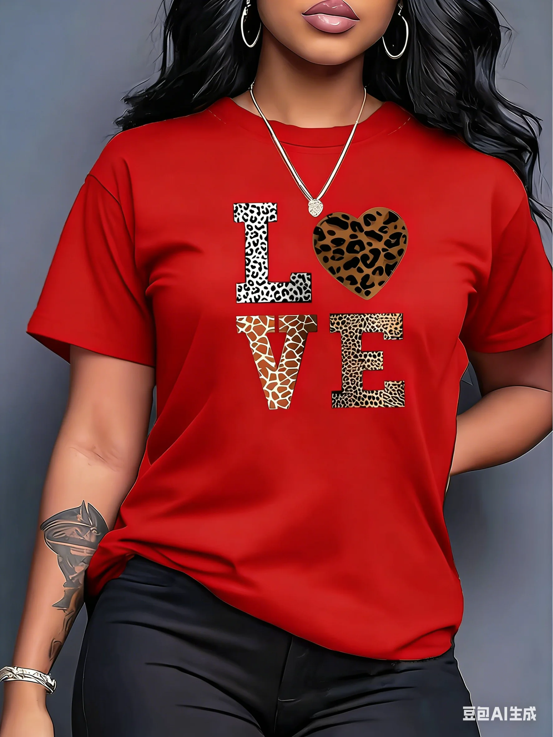 

Женская футболка больших размеров с принтом «Любовь» и леопардовым узором в виде сердец, летняя, минималистичная, повседневная, фактурная, высококачественная, свободного кроя, пуловер