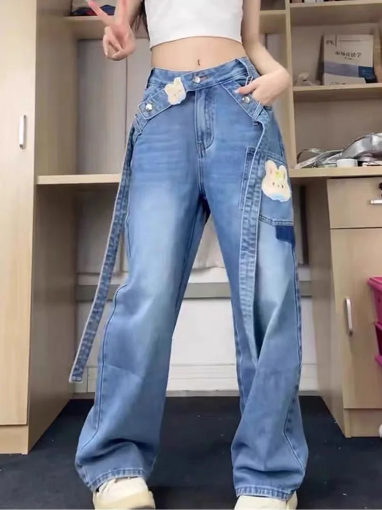 Women's Blue Rabbit Embroidered Cartoon Jeans Pocket Y2k 2000s American Casual Autumn And Winter New Design Straight Trousers