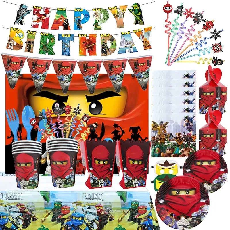 Décoration de fête Ninja, vaisselle, assiettes en papier, gobelets, serviettes, boîte à bonbons, ballons en aluminium, décoration de gâteau pour enfants, ballons d'anniversaire Ninja
