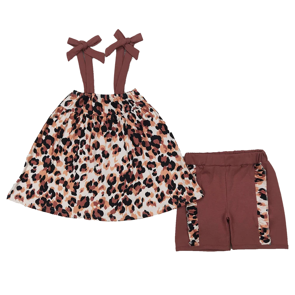 

GSSO2352 Baby Girls Summer Outfits Baby Girls Brown Bows Strap Leopard Tunic Ruffle Shorts Sets