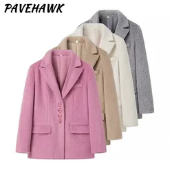 Women Wool Turn Down Collar Plush Coats Long Sleeve Single Breasted Blazer Autumn Winter Loose Elegant Office Lady Overcoat