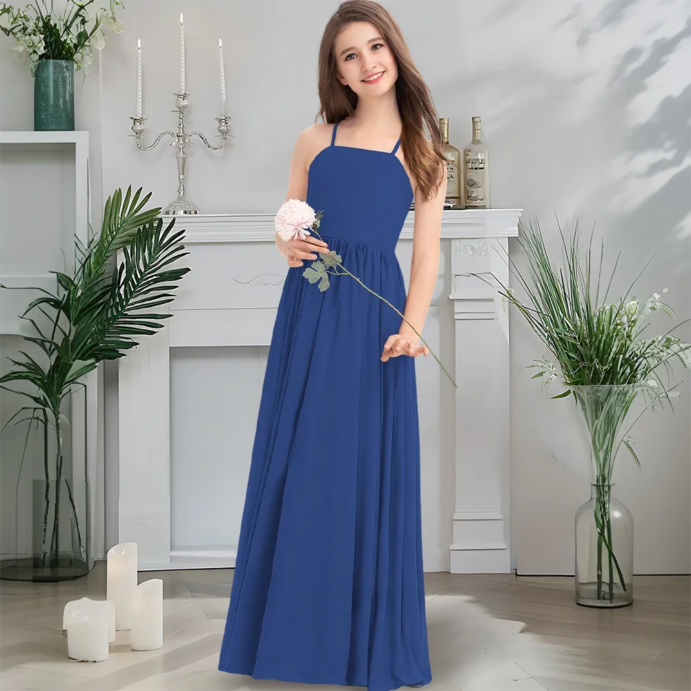 Luxuoso pescoço quadrado júnior vestido de dama de honra meia-noite marinha flor menina vestido até o chão chiffon com arco em cascata casamento