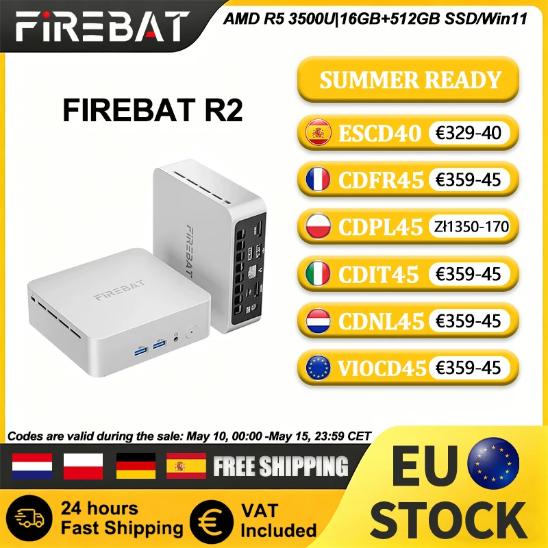 Mini PC FIREBAT R2, AMD Ryzen 5 3500U, DDR4 16GB RAM, M.2 PCIe 512GB SSD, WiFi 5, BT 4.2, Pantalla Extendida Dual 4K UHD, Computadora de Escritorio Portátil con Windows 11